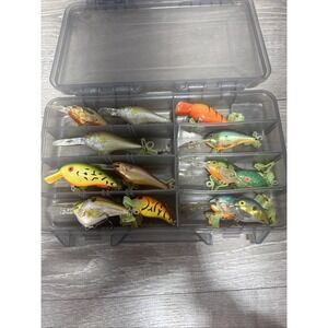 Vintage Crank Bait Lure Lot Of 15 Bomber, Heddon, Rapala, Frenzy, Rebel And Case